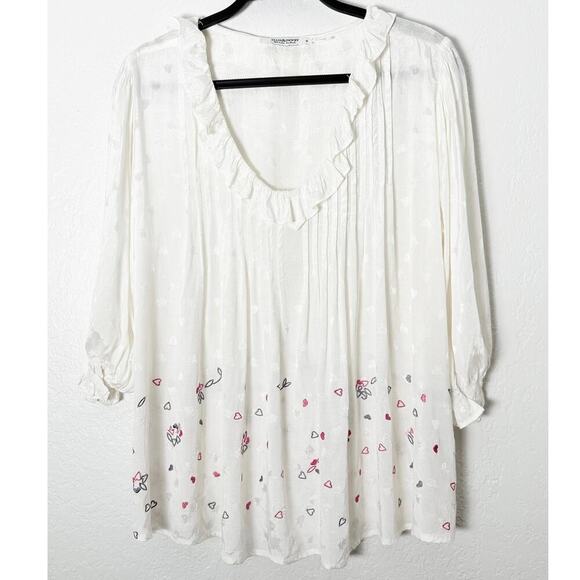 Ellis & Dewey Women's White V Neck Blouse Ruffle Neck Heart Embossed Embroidered - Picture 1 of 9
